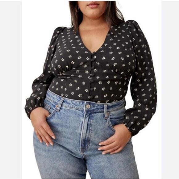 Reformation Nell Top V-neck Floral Black Sz 20 Plus Button Front Blouse - Picture 2 of 8